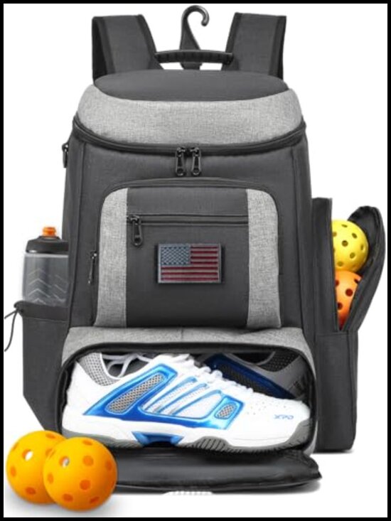 Large Pickleball Backpack with Shoe Compartment and Insulated Cooler Pocket